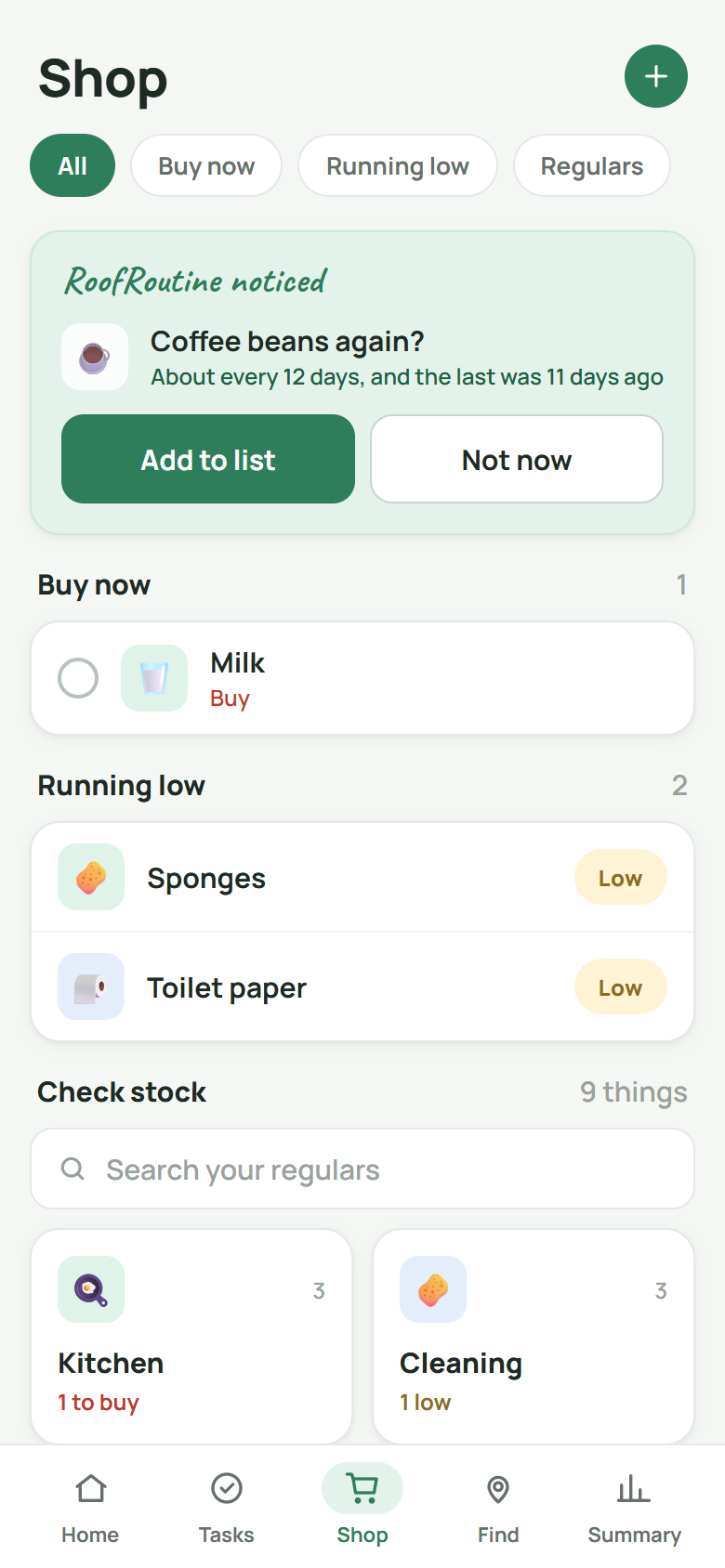 The Shop screen: what to buy, what is running low, everything the household keeps