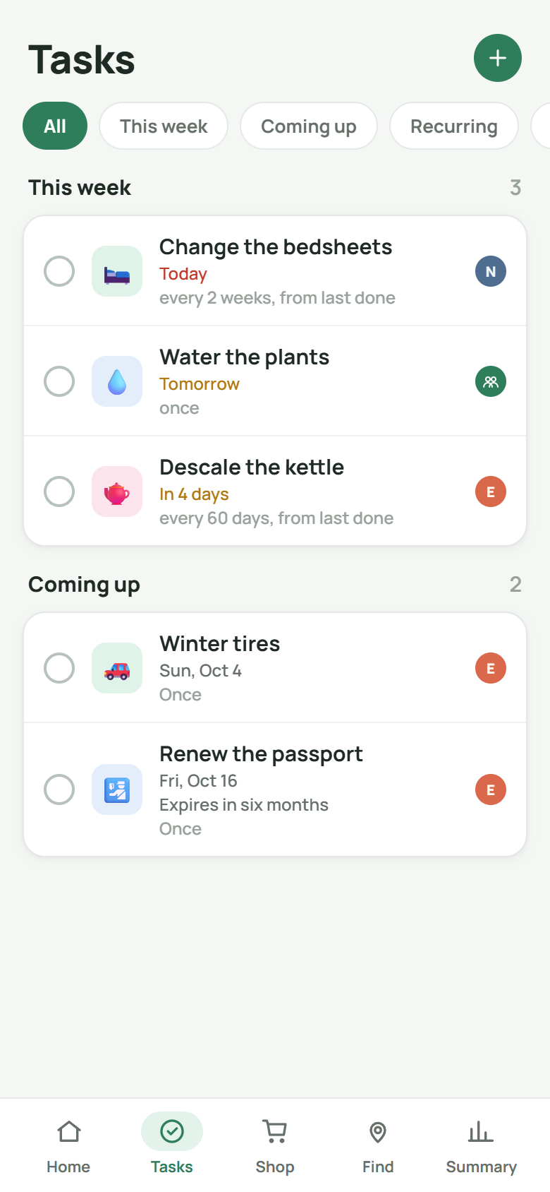 The Tasks screen: what is due this week, and whose it is